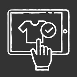 Choose product online chalk icon. Buying clothes in internet store. E commerce client purchasing goods. Online shopping app. Consumerism and merchandise. Isolated vector chalkboard illustration