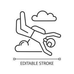 Skydiving linear icon. Sky diving. Freefall tricks. Skydiver jumping with parachute. Air extreme sport flight stunt. Parachutist flying in sky. Contour symbol. Vector isolated drawing. Editable stroke