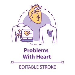 Problems with heart concept icon. Heart attack. Emergency medical treatment. Hospital diagnosis. Heartburn idea thin line illustration. Vector isolated outline RGB color drawing. Editable stroke