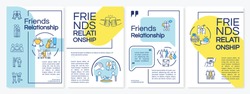 Friends relationship brochure template. Friendship core values. Flyer, booklet, leaflet print, cover design with linear icons. Vector layouts for magazines, annual reports, advertising posters