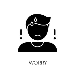 Worry black glyph icon. Emotional stress, anxiety silhouette symbol on white space. Concerned, nervous mental state. Bad feeling, trouble reaction. Worried, anxious person vector isolated illustration