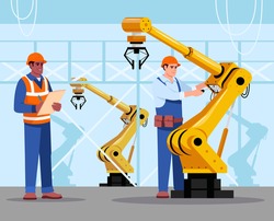 Robotics expert flat vector illustration. Industrial maintenance. Factory equipment. Man repairing automated machine hand. Manufactory male worker in hard hat 2D cartoon characters for commercial use