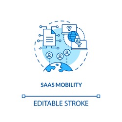 SaaS mobility concept icon. SaaS argument idea thin line illustration. Cloud technology for data access. Wireless connectivity. Vector isolated outline RGB color drawing. Editable stroke