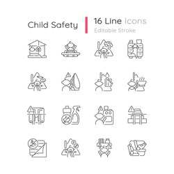 Child safety linear icons set. Baby security precautions. Keep away hazard things from kids. Customizable thin line contour symbols. Isolated vector outline illustrations. Editable stroke