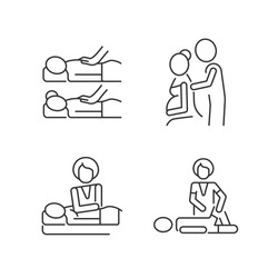 Relaxing spa experience linear icons set. Boost bonding in relationship. Prenatal massage therapy. Customizable thin line contour symbols. Isolated vector outline illustrations. Editable stroke