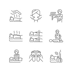 Spa treatments linear icons set. Reiki session. Face massage. Hot stone therapy. Sports recovery. Customizable thin line contour symbols. Isolated vector outline illustrations. Editable stroke