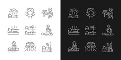 Spa treatments linear icons set for dark and light mode. Reiki session. Face massage. Hot stone therapy. Customizable thin line symbols. Isolated vector outline illustrations. Editable stroke