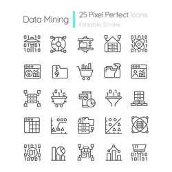 Data mining linear perfect pixel icons set. Knowledge discovering in data. Customizable thin line contour symbols. Isolated vector outline illustrations. Editable stroke. Quicksand-Light font used