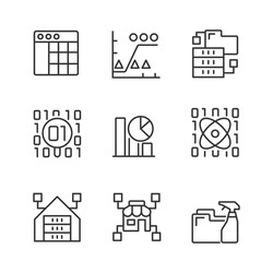 Data mining in industry linear pixel perfect icons set. Knowledge discovering in data. Analyze and storage information. Customizable thin line contour symbols. Isolated vector outline illustrations