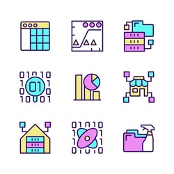 Data mining in industry RGB color pixel perfect icons set. Knowledge discovering in data. Analyze and storage information. Isolated vector illustrations. Simple filled line drawings collection