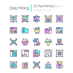 Data mining RGB color pixel perfect icons set. Knowledge discovering in data. Isolated vector illustrations. Simple filled line drawings collection. Editable stroke. Quicksand-Light font used