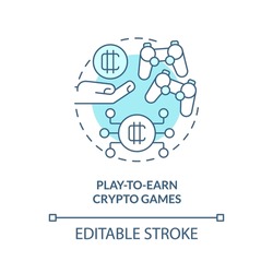 Play to earn crypto games turquoise concept icon. Way to make money on cryptocurrency abstract idea thin line illustration. Isolated outline drawing. Editable stroke. Arial, Myriad Pro-Bold fonts used