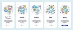Ways to make money on cryptocurrency onboarding mobile app screen. Walkthrough 5 steps editable graphic instructions with linear concepts. UI, UX, GUI template. Myriad Pro-Bold, Regular fonts used