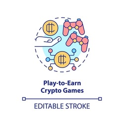 Play to earn crypto games concept icon. Way to make money on cryptocurrency abstract idea thin line illustration. Isolated outline drawing. Editable stroke. Arial, Myriad Pro-Bold fonts used