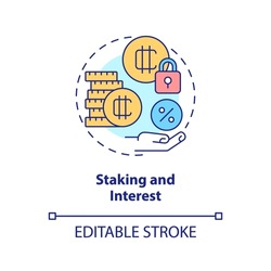 Staking and interest concept icon. Earn passive income. Way to make money on crypto abstract idea thin line illustration. Isolated outline drawing. Editable stroke. Arial, Myriad Pro-Bold fonts used