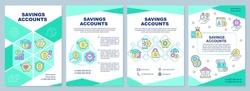 Savings accounts mint brochure template. Money management. Leaflet design with linear icons. Editable 4 vector layouts for presentation, annual reports. Arial-Black, Myriad Pro-Regular fonts used