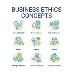 Business ethics concept icons set. Corporate social responsibility idea thin line color illustrations. Service to humanity. Isolated symbols. Editable stroke. Roboto-Medium, Myriad Pro-Bold fonts used