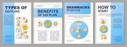 College savings plan blue brochure template. Education. Leaflet design with linear icons. Editable 4 vector layouts for presentation, annual reports. Arial, Myriad Pro-Regular fonts used