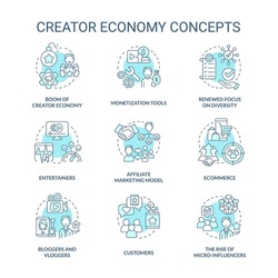 Creator economy turquoise concept icons set. Content maker. Marketing. E commerce idea thin line color illustrations. Isolated symbols. Editable stroke. Roboto-Medium, Myriad Pro-Bold fonts used