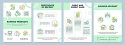 Banking products green brochure template. Offers for customers. Leaflet design with linear icons. Editable 4 vector layouts for presentation, annual reports. Arial-Black, Myriad Pro-Regular fonts used