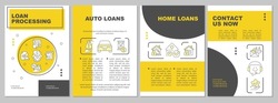 Bank loans yellow brochure template. Financial aid. Leaflet design with linear icons. Editable 4 vector layouts for presentation, annual reports. Arial, Myriad Pro-Regular fonts used
