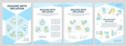 Dealing with inflation turquoise brochure template. Leaflet design with linear icons. Editable 4 vector layouts for presentation, annual reports. Arial-Black, Myriad Pro-Regular fonts used