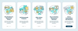 Profitable home business ideas onboarding mobile app screen. Walkthrough 5 steps editable graphic instructions with linear concepts. UI, UX, GUI template. Myriad Pro-Bold, Regular fonts used