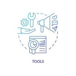 Tools blue gradient concept icon. Marketing instruments. Promotion. Creator economy stakeholder abstract idea thin line illustration. Isolated outline drawing. Myriad Pro-Bold font used