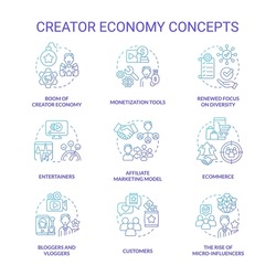 Creator economy blue gradient concept icons set. Content maker. Digital marketing. E commerce idea thin line color illustrations. Isolated symbols. Roboto-Medium, Myriad Pro-Bold fonts used