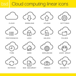 Cloud computing linear icons set. Download, upload, settings and preferences symbols. Lock, unlock and folder icons. Online data storage icons. Thin line illustration. Vector isolated outline drawings