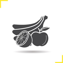 Fruits icon. Drop shadow banana, orange and apple silhouette symbol. Still life. Isolated vector
