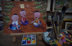      paint brushes, palette , decoration , Art painting oil color ,children playing From Thailand                          
