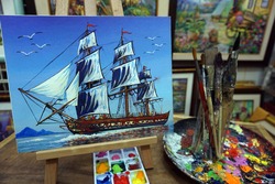 Original oil painting ,on canvas. ,sailboat , Boats ,ship . Modern impressionism  ,  Palette , paintbrush                        