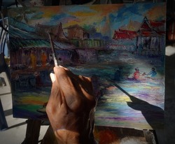    painting Oil color Floating market Thailand , countryside                            