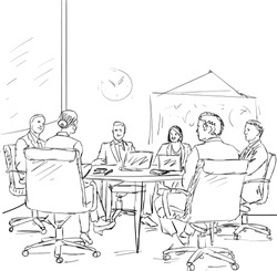 Drawing of office workers at business meeting. Hand drawn sketch of team, sitting and talking together around the table.