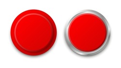 3D red circular push button icon collection. Realistic and shiny glossy metallic colors. Top perspective view.