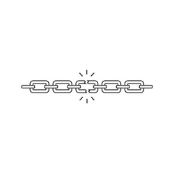 Broken chain like bad connection line icon. concept of end of relationship or slavery and jail or prison break. Graphic lock and unlock lineart design element isolated flat sign