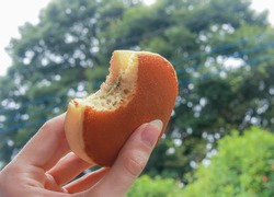 Hand holding a Dorayaki (Japanese sweet) filled with matcha cream that is partially eaten