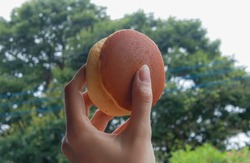 Hand holding a Dorayaki (Japanese sweet) filled with matcha cream