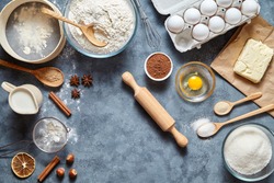 Dough preparation recipe bread, pizza, pasta or pie ingridients, food flat lay on kitchen table background. Working with butter, milk, yeast, flour, eggs, sugar pastry or bakery cooking. Text space