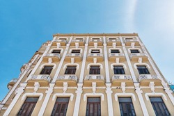 Facade of Gomez Vila office building built in 1909 in eclectic style. Old Square or Plaza Vieja, Havana, Cuba. Architecture, travel concept