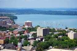 Looking west over downtown Madison, Wisconsin. Includes the UW-Madison campus, Union Terrace and Lake Mendota. Taken from the top of the Capitol building.