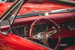 Red retro car close up interior