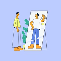 Self perception and self esteem. Flat vector illustration. Man dreaming about the future near the mirror. The guy wants to be an athlete. Narcissism, positive affirmations, psychology concept. 