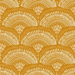 seamless vector repeat, abstract bohemian geometric pattern, in white on a mustard yellow background 