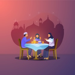 Flat design of iftar party with family for Ramadan greeting postcard, Illustration of Muslim families are breaking the fast together