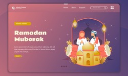 Flat design of muslim family welcomes Ramadan Kareem on landing page template