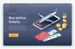 Isometric plane, coins, credit card and tickets. Landing page template.