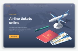 Isometric plane, pen, passport and tickets. Landing page template. 
