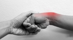 Finkelstein's test or modified Eichoff maneuver is physical examination test for diagnosis De Quervain syndrome or radial styloid tenosynovitis disease). Patient has wrist pain(red) and tendinitis.